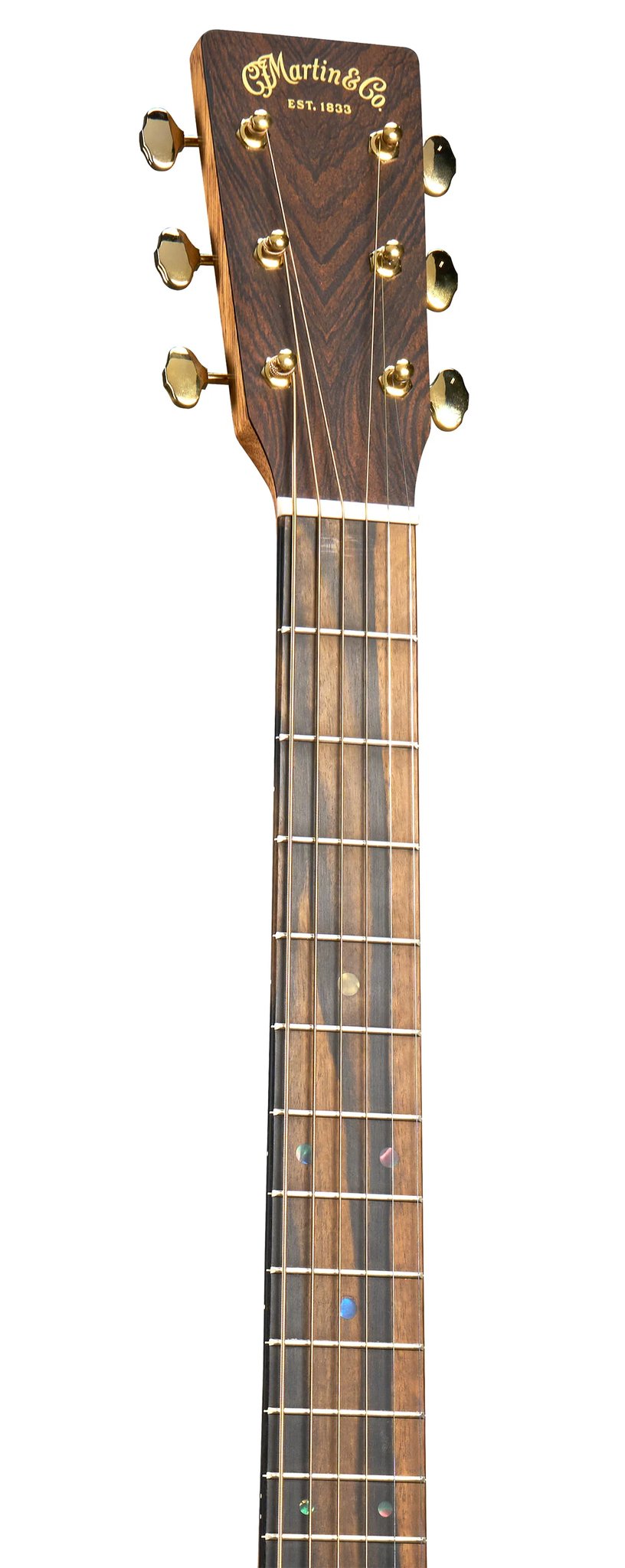 Đàn guitar acoustic điện Martin 000C Jr E Walnut Burst màu Vintage Burst – cận đầu đàn và logo Martin