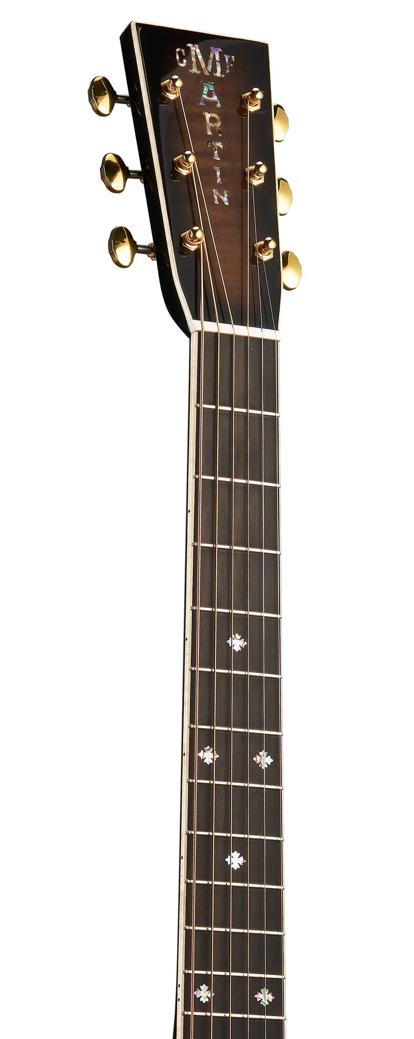 Đàn guitar acoustic điện Martin Custom Shop M Paisley Ember Burst màu Ember Burst – cận đầu đàn và logo Martin