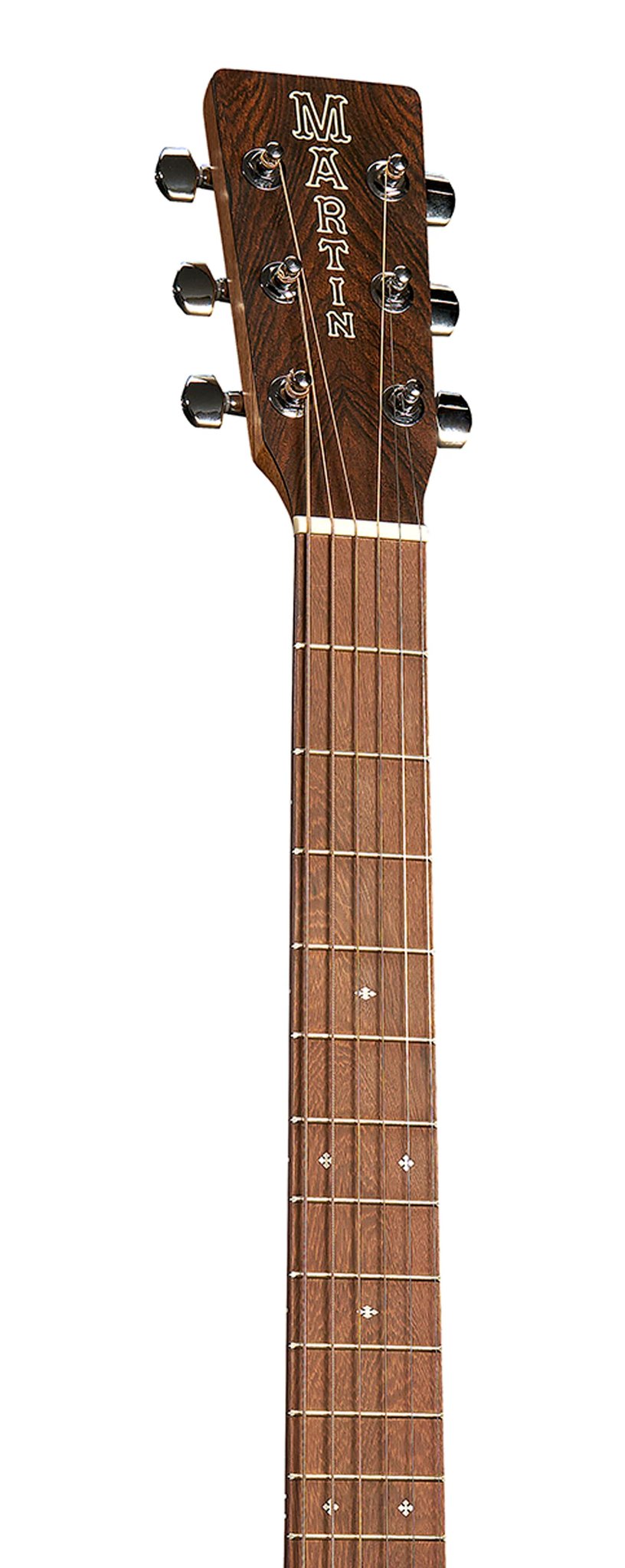 Đàn guitar acoustic điện Martin D-X2E Brazilian Burst Special màu Vintage Burst – cận đầu đàn và logo Martin