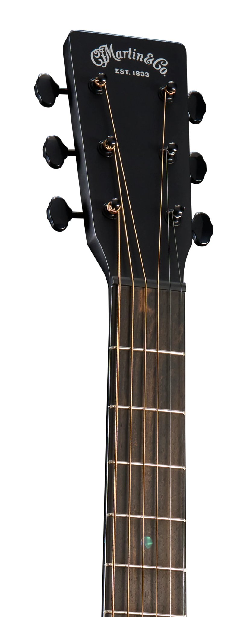 Đàn guitar acoustic điện Martin DC-10E Modern Black màu Black – cận đầu đàn và logo Martin