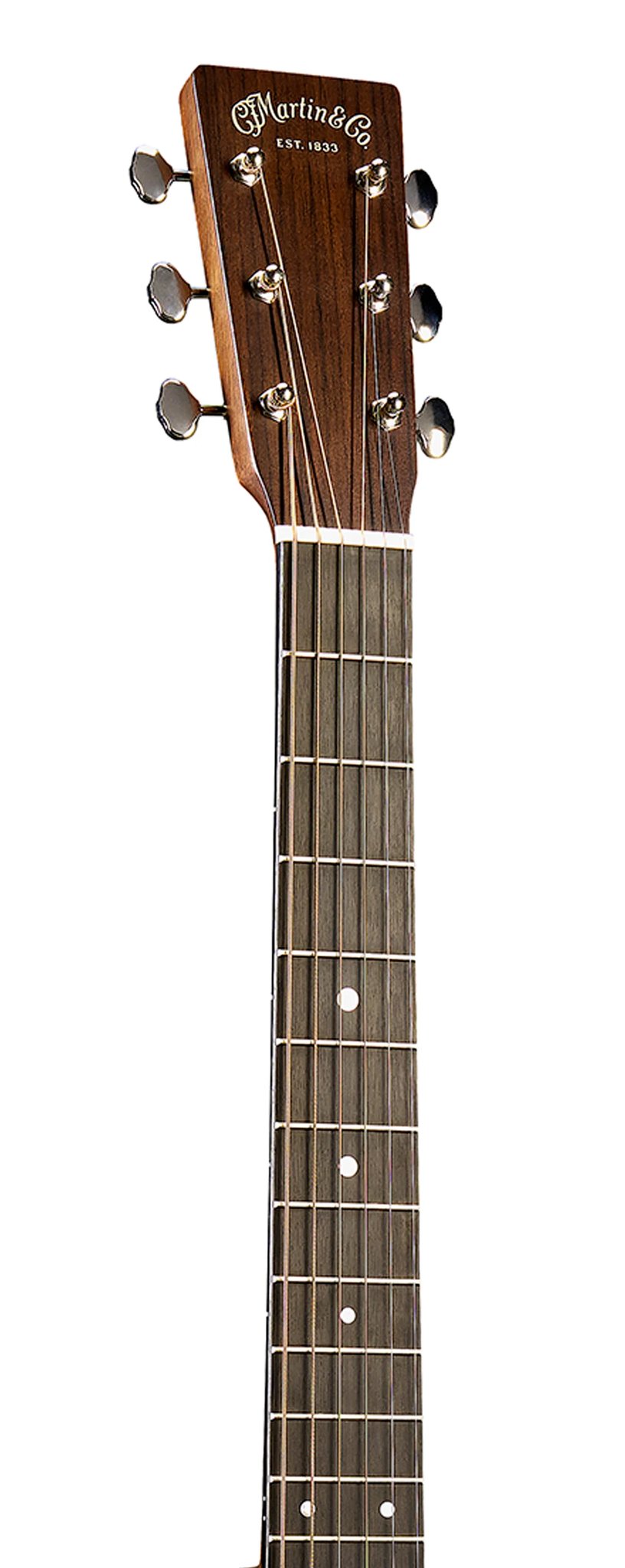 Đàn guitar acoustic điện Martin DSS-16E màu 1935 Burst – cận đầu đàn và logo Martin