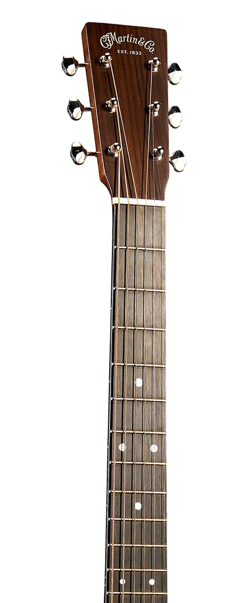 Đàn guitar acoustic điện Martin J-16E màu 1935 Burst – cận đầu đàn và logo Martin
