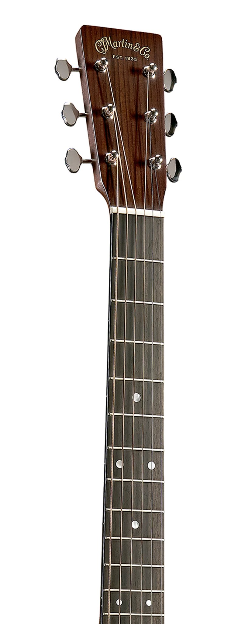 Đàn guitar acoustic điện Martin J-16E màu Black Smoke – cận đầu đàn và logo Martin
