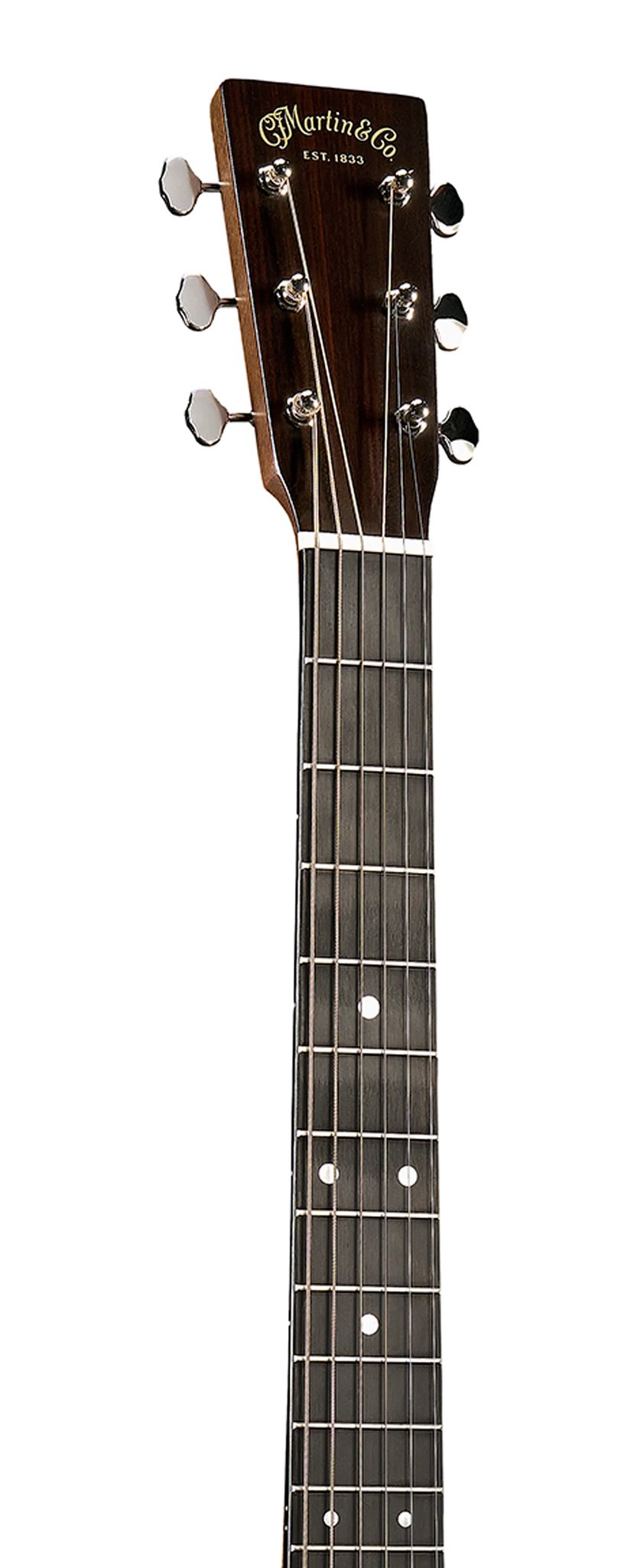 Đàn guitar acoustic điện Martin J-16E màu Cream – cận đầu đàn và logo Martin