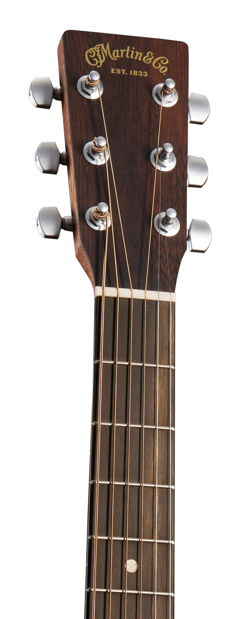 Đàn guitar acoustic điện Martin OMC-10E Modern Burst màu 1935 Sunburst – cận đầu đàn và logo Martin