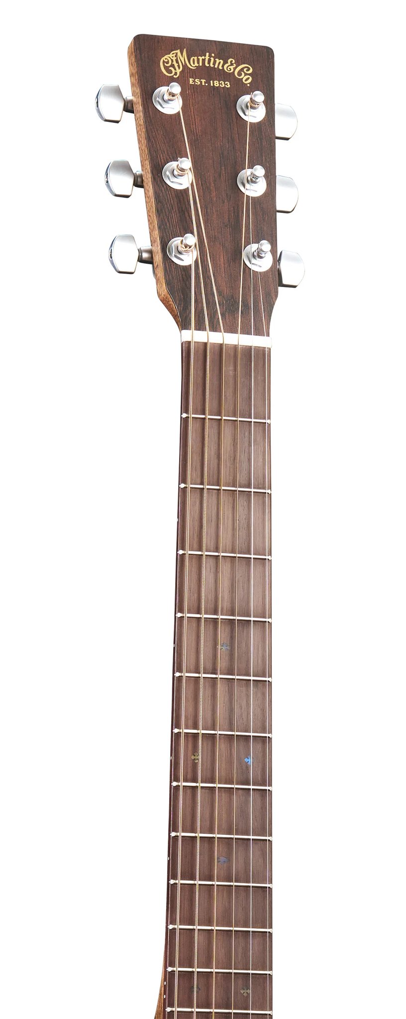 Đàn guitar acoustic điện Martin SC-10E Modern Sapele màu Dark Mahogany – cận đầu đàn và logo Martin