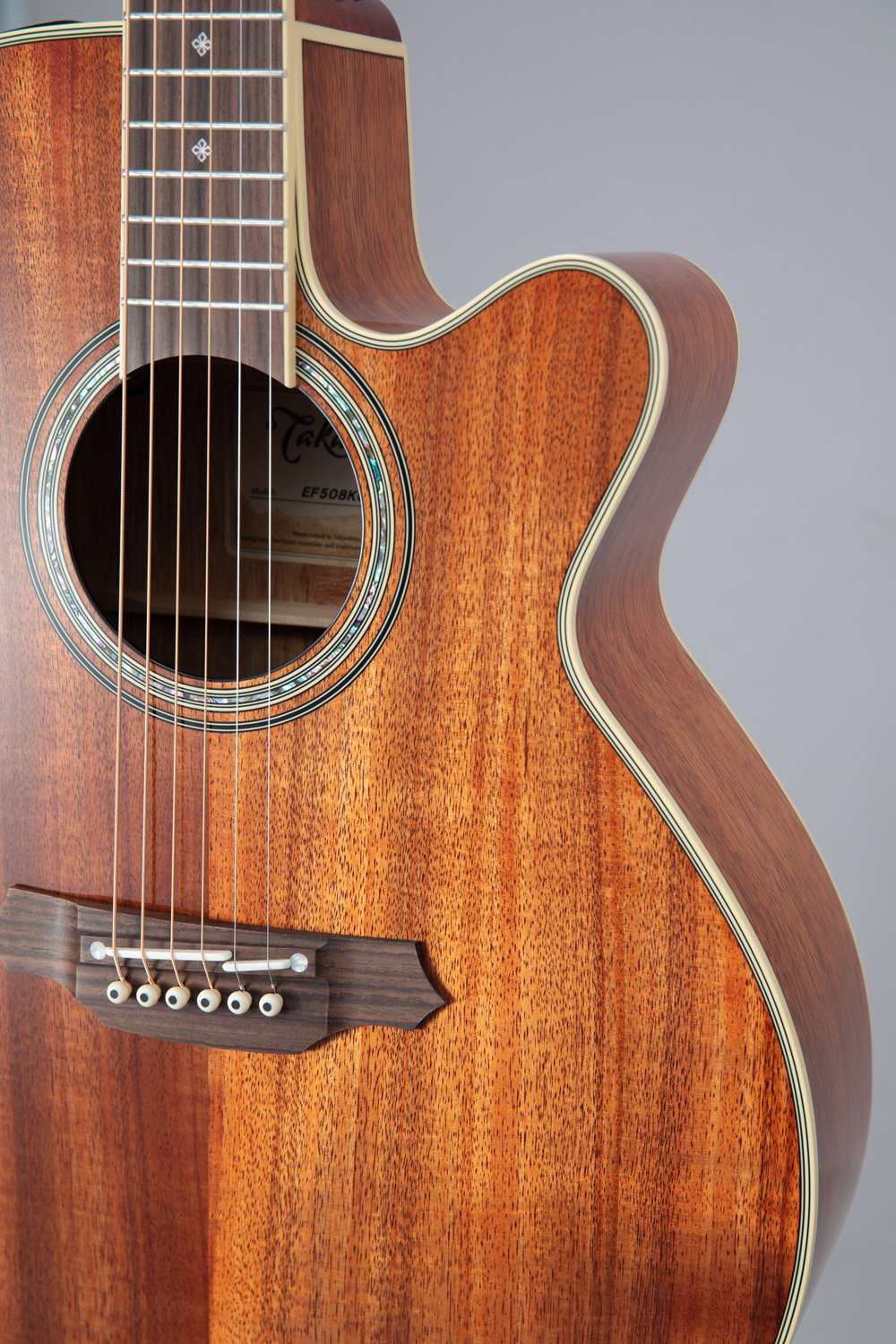 Đàn guitar acoustic điện Takamine EF508KC màu Natural sơn bóng – cận lỗ thoát âm và ngựa đàn