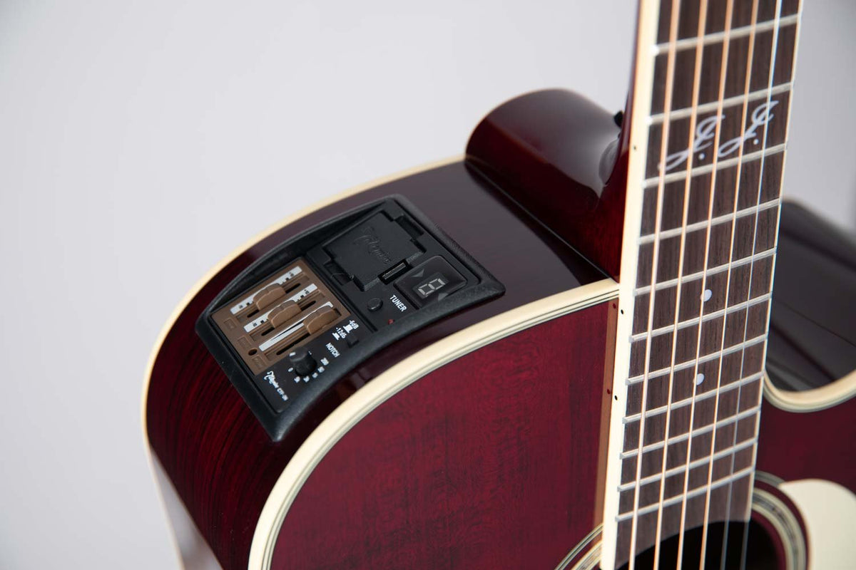 Đàn guitar acoustic điện Takamine JJ325SRCL màu đỏ bóng Red Stain – cận bộ EQ / pickup