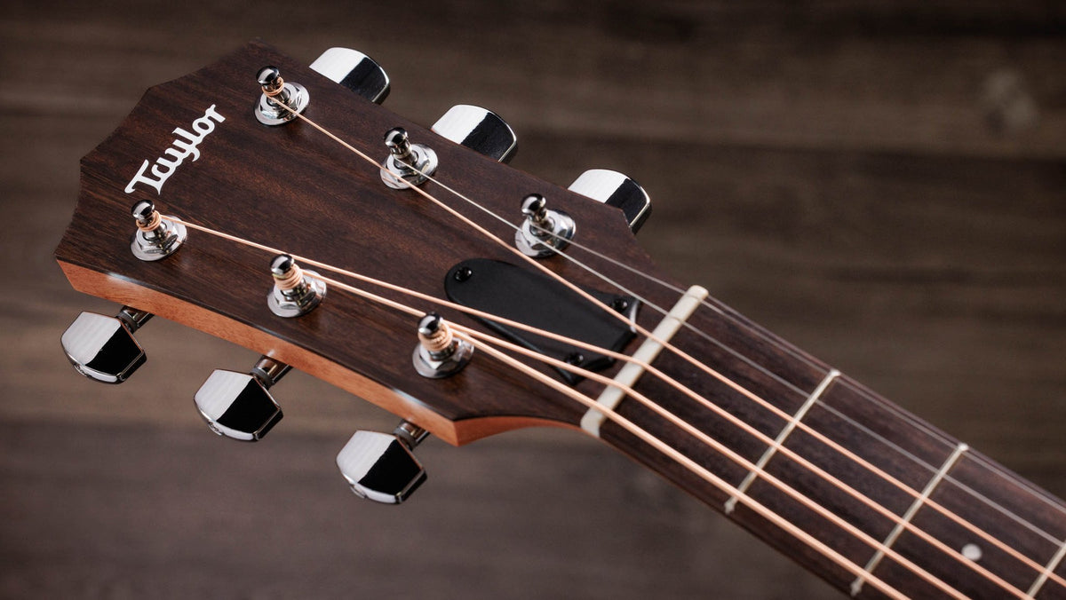 Đàn guitar acoustic điện Taylor 117e Special Edition màu Dark Tobacco Teardrop – cận đầu đàn và logo Taylor