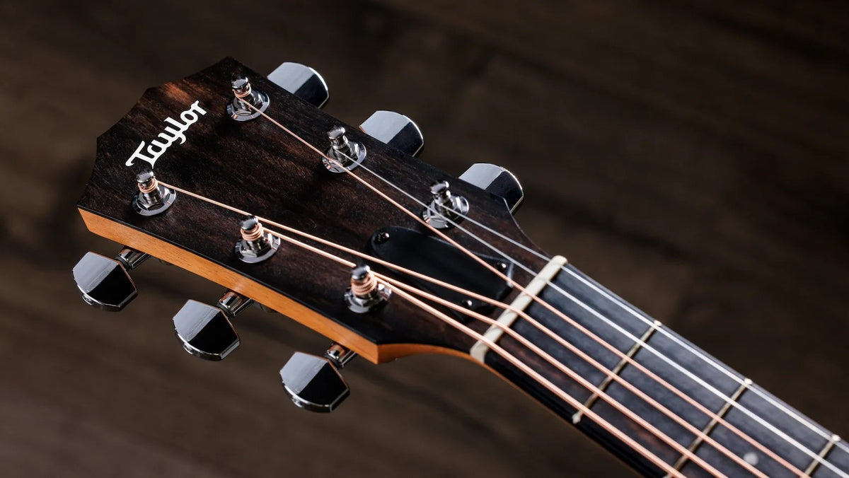 Đàn guitar acoustic điện Taylor 212ce màu Natural – cận đầu đàn và logo Taylor