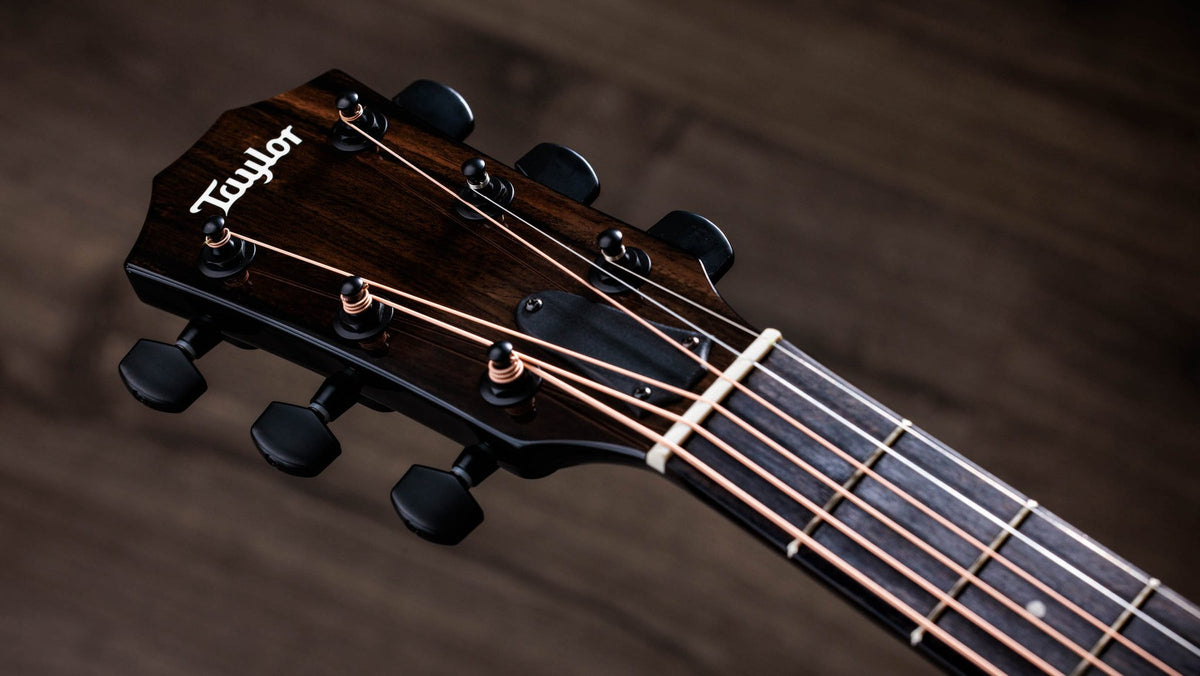 Đàn guitar acoustic điện Taylor 214ce-BLK Plus màu Black – cận đầu đàn và logo Taylor