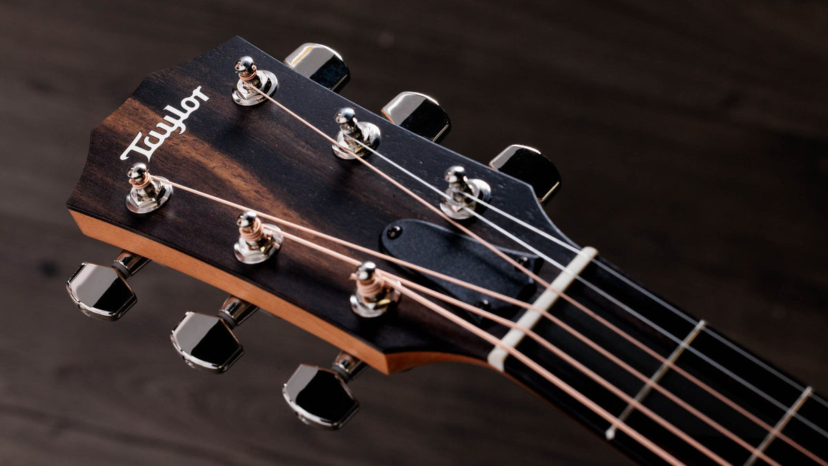 Đàn guitar acoustic điện Taylor 214ce-K SB Plus màu Shaded Edgeburst – cận đầu đàn và logo Taylor