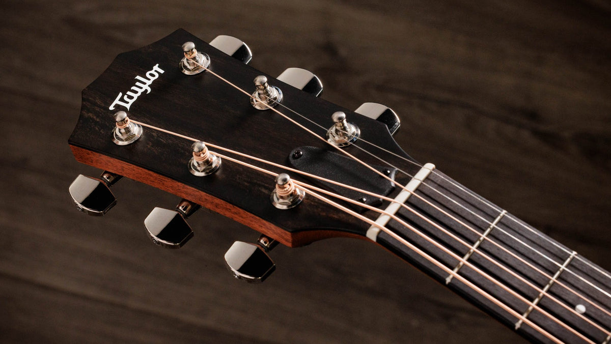 Đàn guitar acoustic điện Taylor 324ce Studio Special Edition màu Shaded Edgeburst – cận đầu đàn và logo Taylor