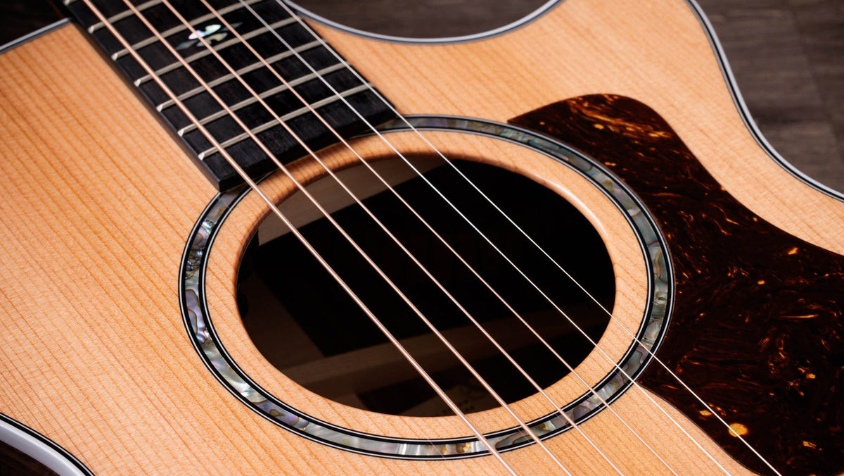 Đàn guitar acoustic điện Taylor 712ce – cận lỗ thoát âm và ngựa đàn