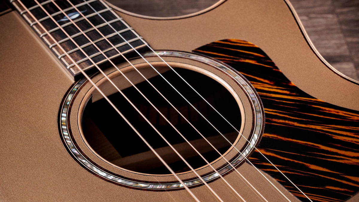 Đàn guitar acoustic điện Taylor 814ce LTD Casablanca Beige – cận lỗ thoát âm và ngựa đàn