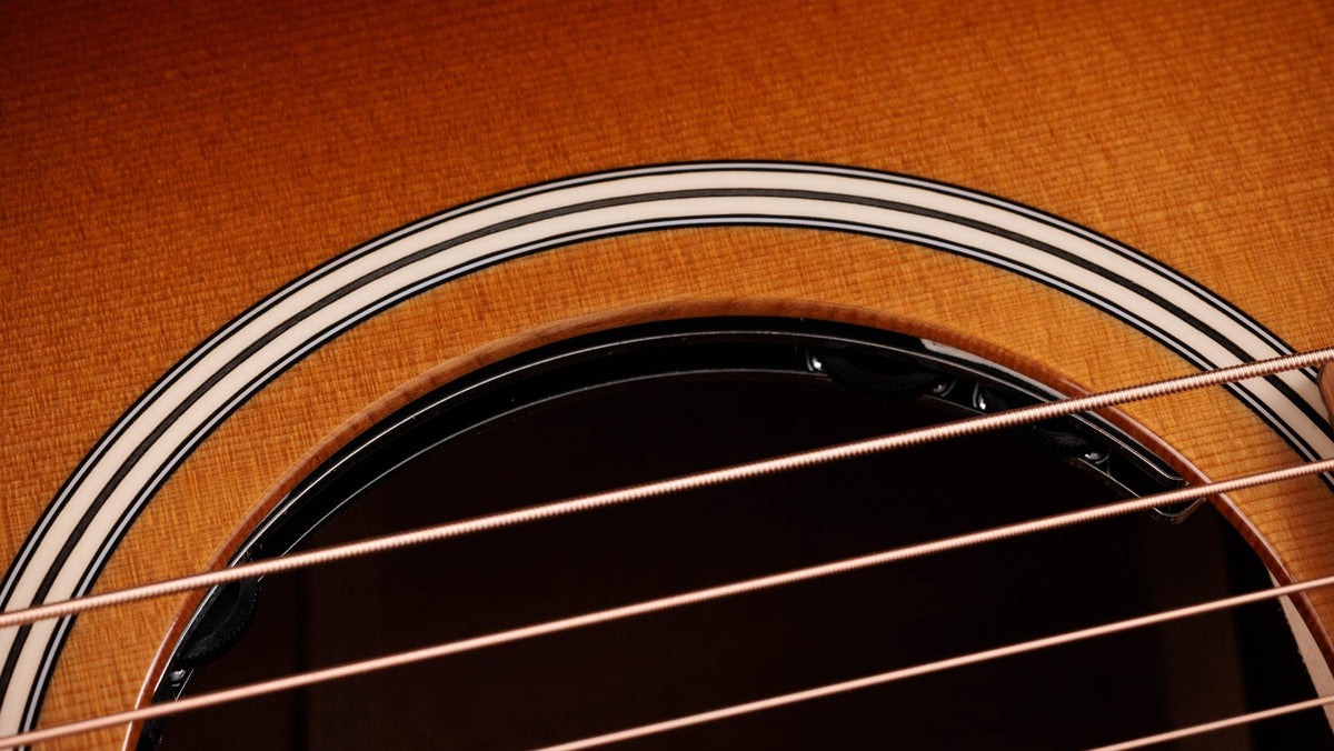 Đàn guitar acoustic điện Taylor Ben Harper Gold Label 512e màu Golden Brown Edgeburst – cận hoa văn viền lỗ thoát âm (rosette)