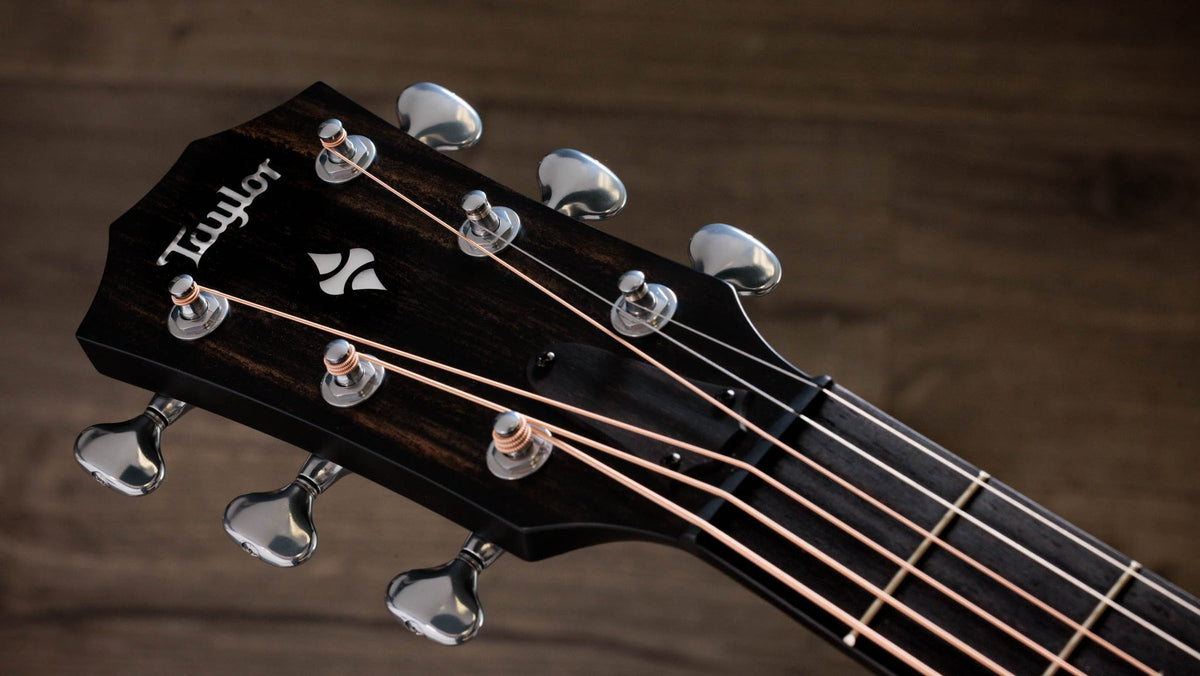 Đàn guitar acoustic điện Taylor Builder's Edition 514ce mặt Natural, lưng hông Kona Burst – cận đầu đàn và logo Taylor