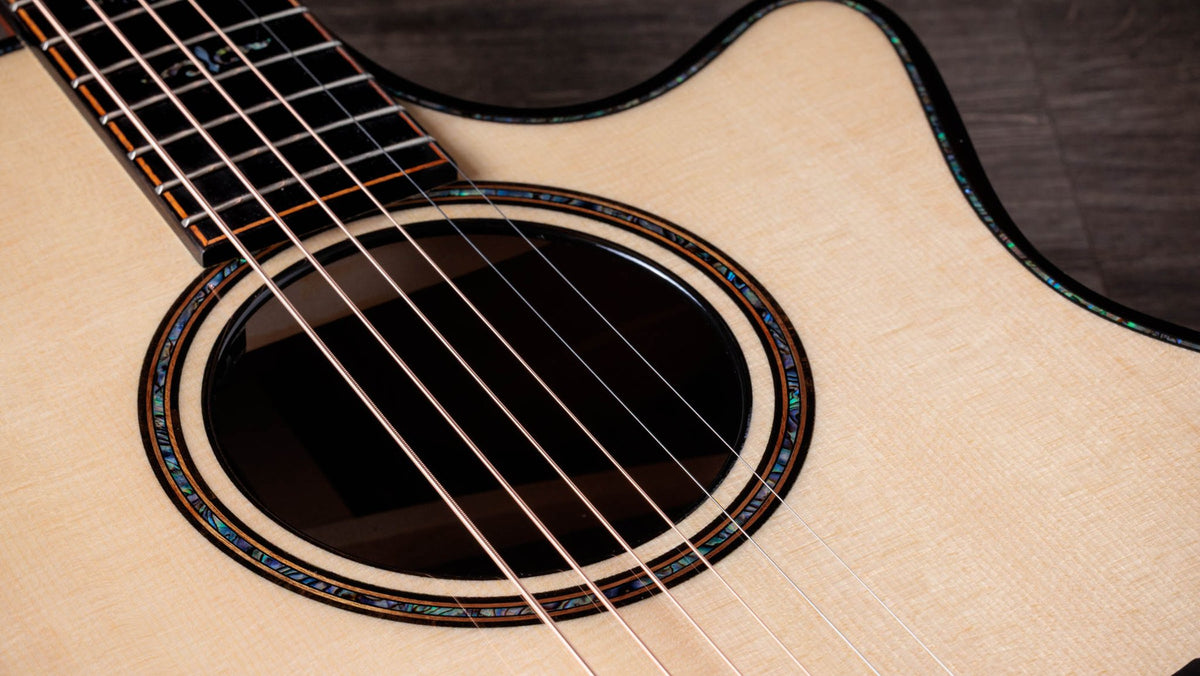 Đàn guitar acoustic điện Taylor Builder's Edition 914ce – cận lỗ thoát âm và ngựa đàn