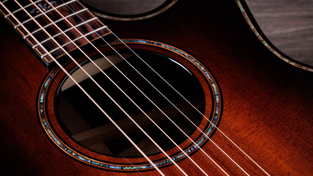 Đàn guitar acoustic điện Taylor Builder's Edition 914ce LTD Macassar Ebony màu Kona Edgeburst – cận lỗ thoát âm và ngựa đàn