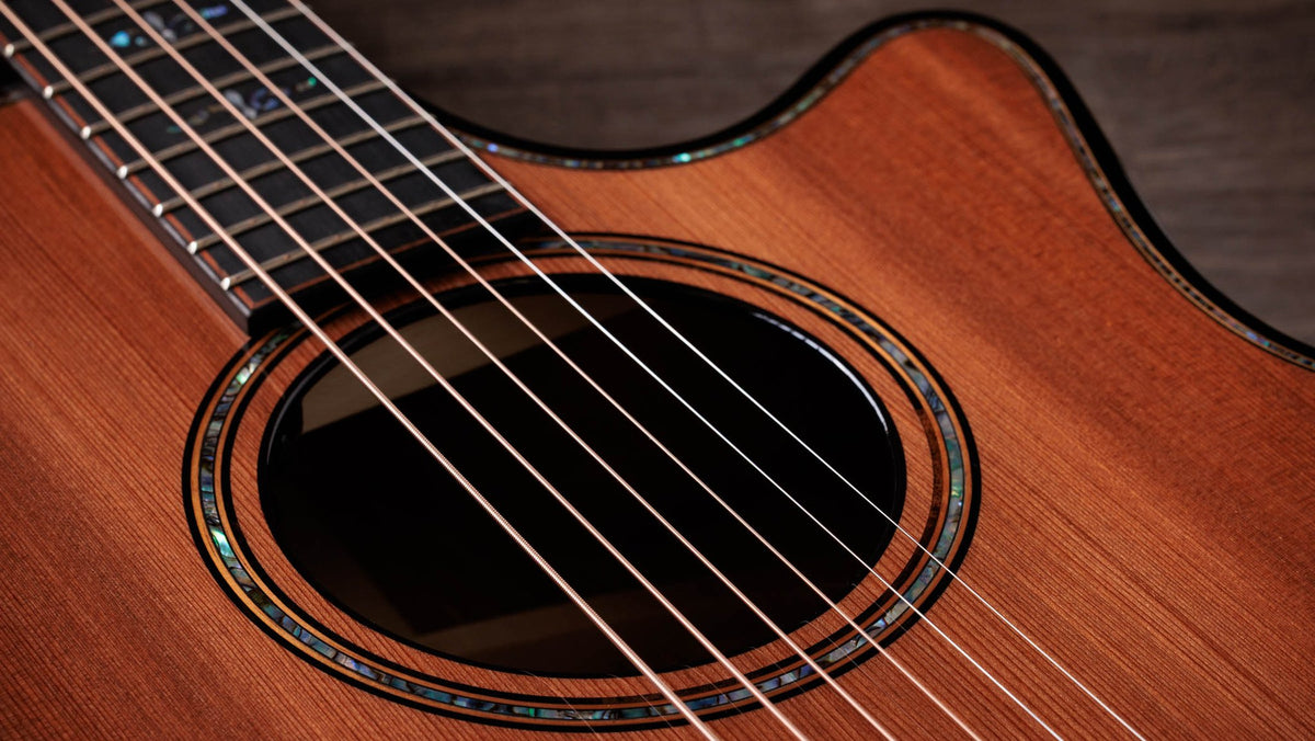 Đàn guitar acoustic điện Taylor Builder's Edition 914ce Sinker Redwood – cận lỗ thoát âm và ngựa đàn