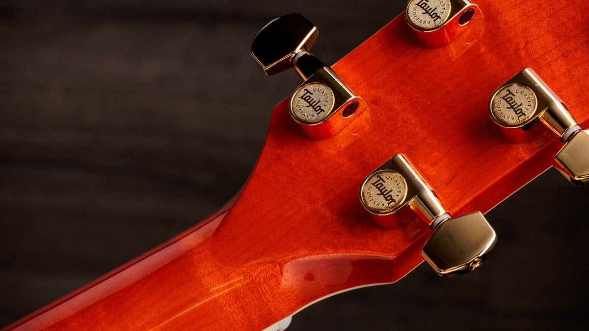 Đàn guitar acoustic điện Taylor Doyle Dykes Signature Model màu Translucent Orange – mặt sau đầu đàn và bộ khóa lên dây