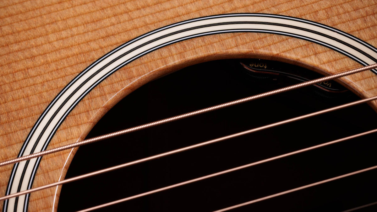 Đàn guitar acoustic điện Taylor Gold Label 510e màu Natural – cận hoa văn viền lỗ thoát âm (rosette)