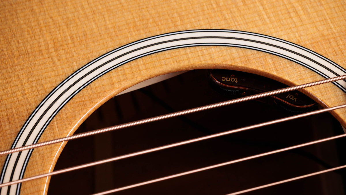 Đàn guitar acoustic điện Taylor Gold Label 512e màu Natural – cận hoa văn viền lỗ thoát âm (rosette)