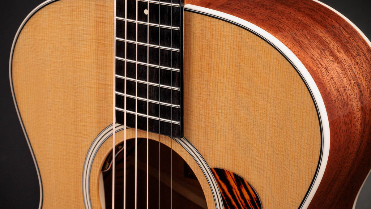 Đàn guitar acoustic điện Taylor Gold Label 512e màu Natural – cận lỗ thoát âm và ngựa đàn