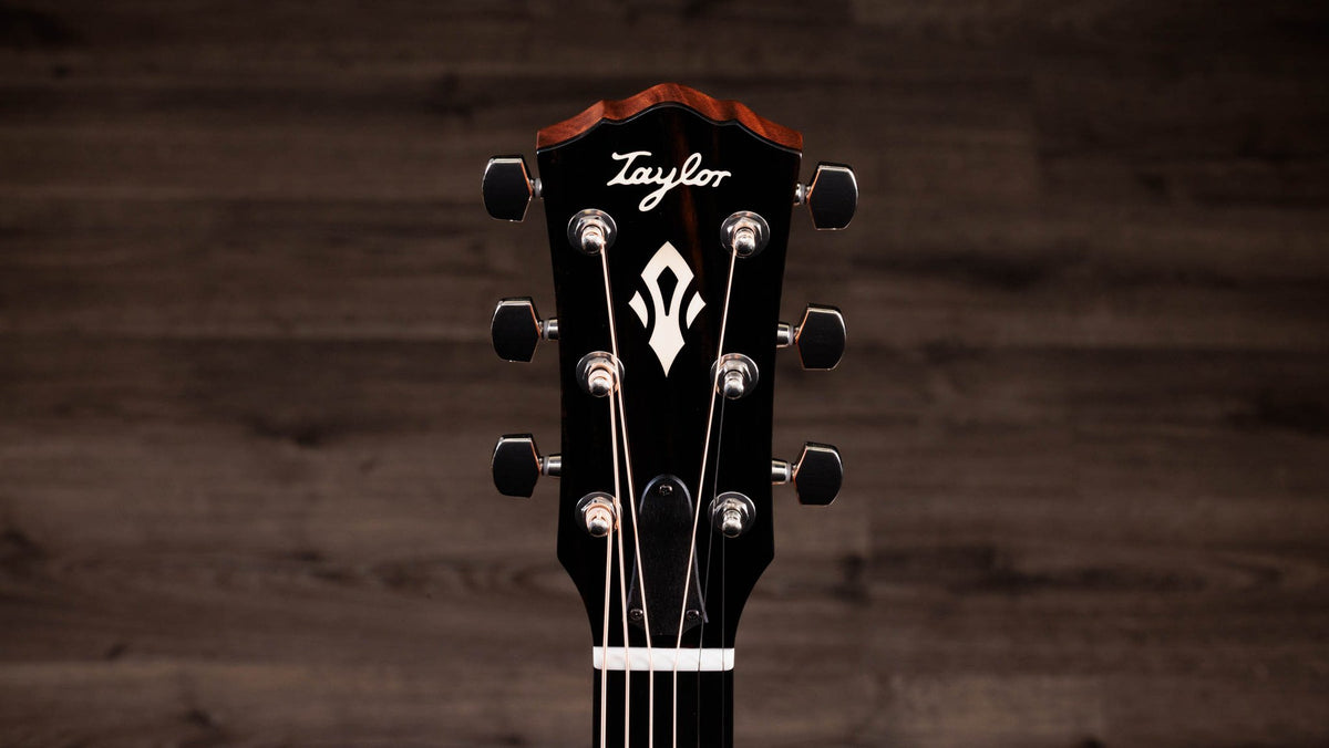 Đàn guitar acoustic điện Taylor Gold Label 514e màu Natural – cận đầu đàn và logo Taylor