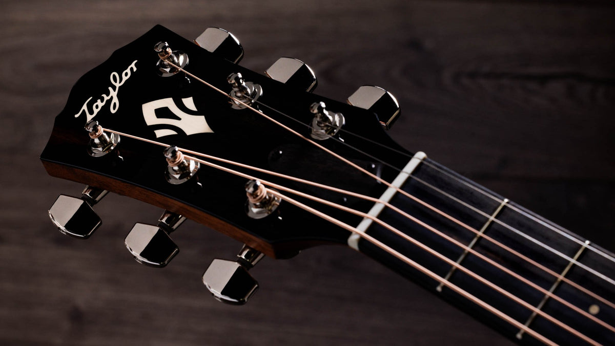 Đàn guitar acoustic điện Taylor Gold Label 710e màu Natural – cận đầu đàn và logo Taylor