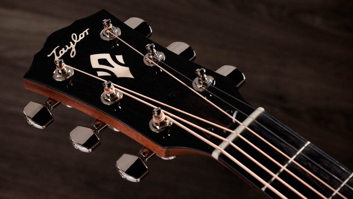 Đàn guitar acoustic điện Taylor Gold Label 712e – cận đầu đàn và logo Taylor