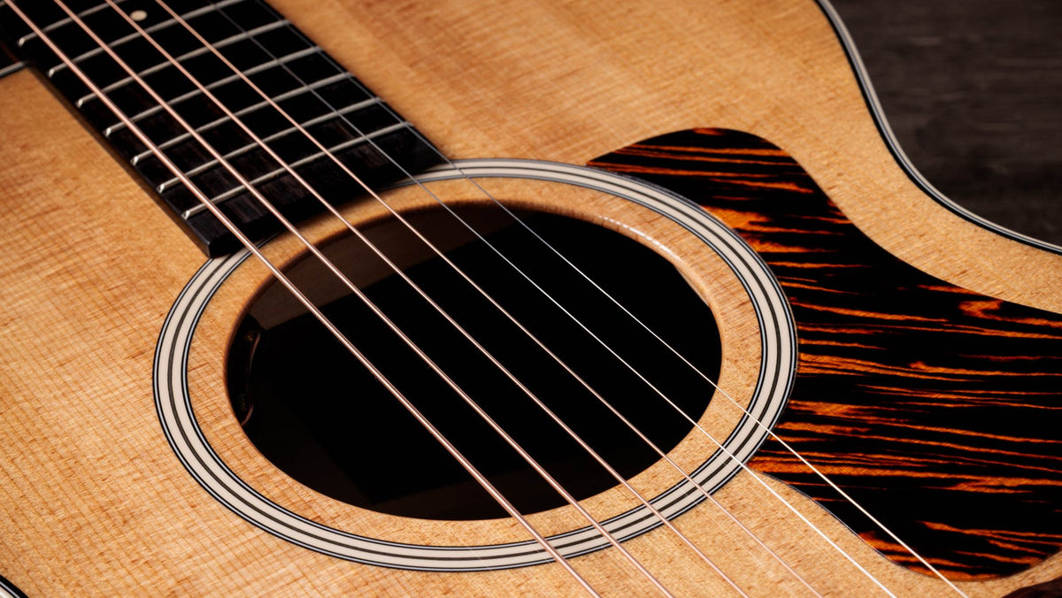 Đàn guitar acoustic điện Taylor Gold Label 712e – cận lỗ thoát âm và ngựa đàn