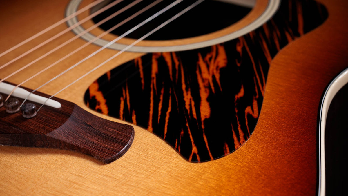 Đàn guitar acoustic điện Taylor Gold Label 717e mặt sunburst nâu vàng, pickguard firestripe – cận chi tiết hoàn thiện (góc 2)