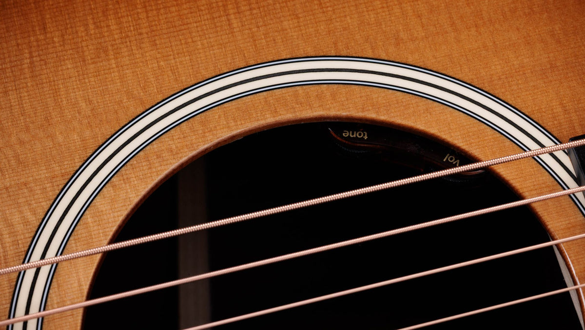 Đàn guitar acoustic điện Taylor Gold Label 717e mặt sunburst nâu vàng, pickguard firestripe – cận hoa văn viền lỗ thoát âm (rosette)