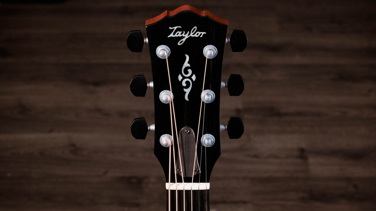 Đàn guitar acoustic điện Taylor Gold Label 810e – cận đầu đàn và logo Taylor (góc 2)