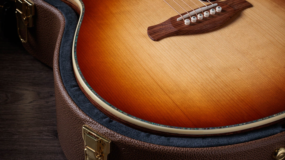 Đàn guitar acoustic điện Taylor Gold Label 914e mặt Teardrop Sunburst – cận chi tiết hoàn thiện