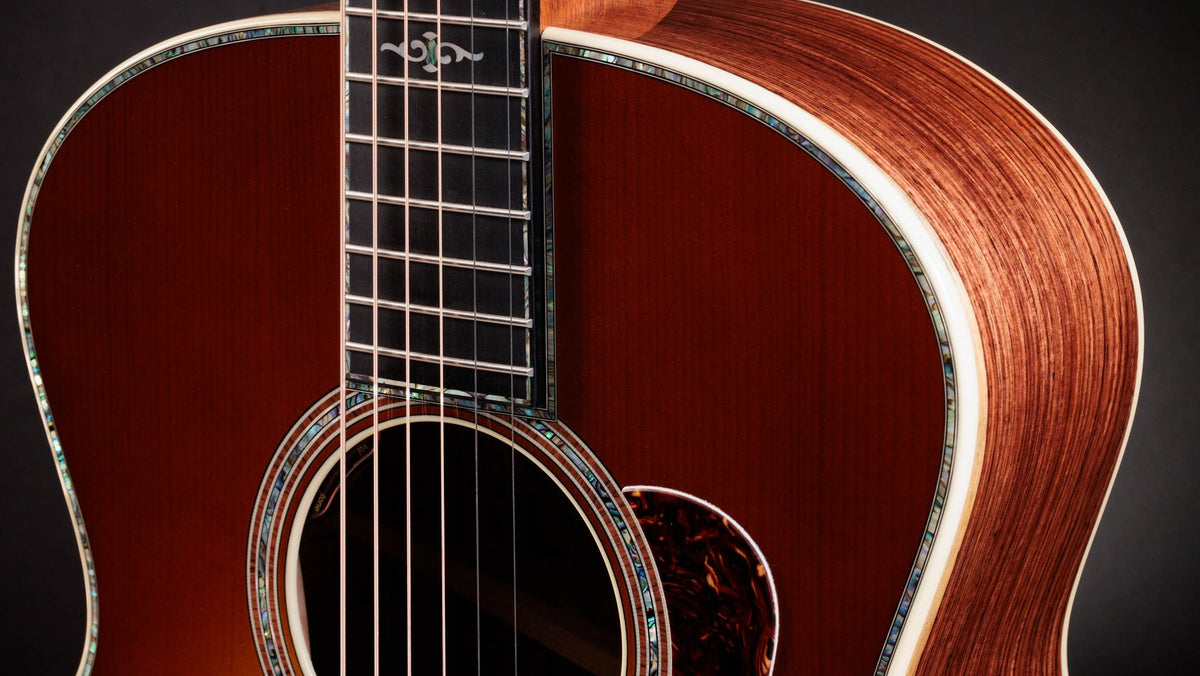 Đàn guitar acoustic điện Taylor Gold Label 914e mặt Teardrop Sunburst – cận thùng đàn mặt trước