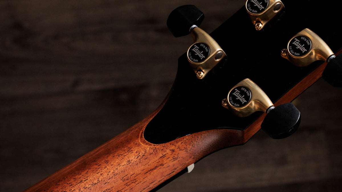 Đàn guitar acoustic điện Taylor Gold Label 914e mặt Teardrop Sunburst – mặt sau đầu đàn và bộ khóa lên dây