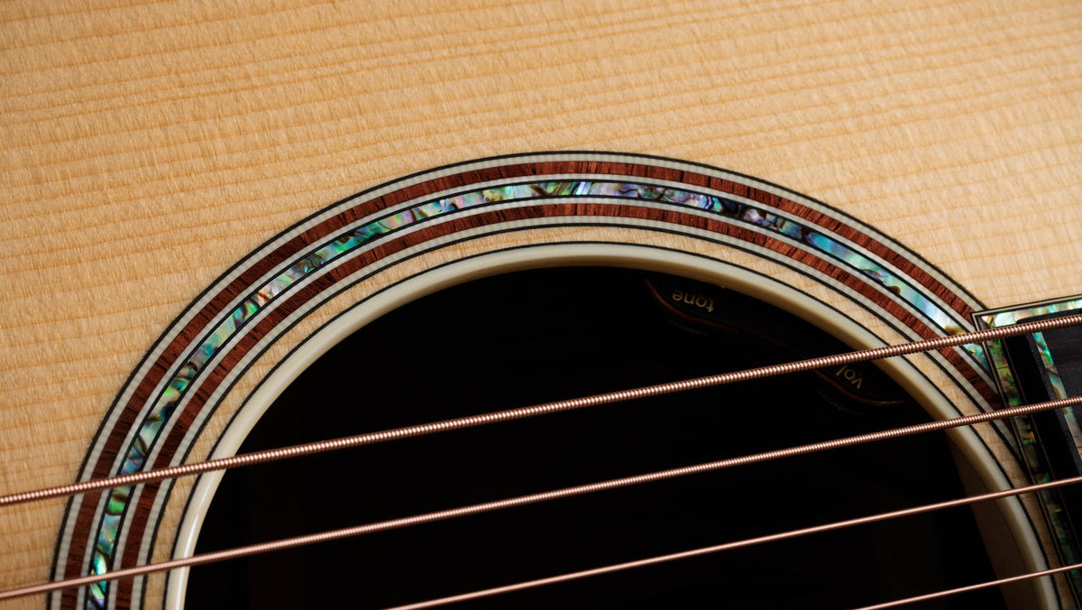 Đàn guitar acoustic điện Taylor Gold Label 917e mặt Natural – cận hoa văn viền lỗ thoát âm (rosette)
