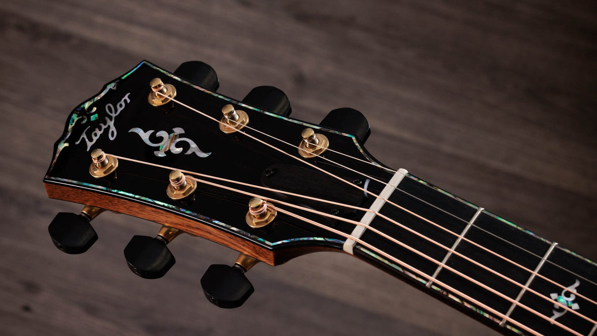 Đàn guitar acoustic điện Taylor Gold Label 917e mặt Teardrop Sunburst – cận đầu đàn và logo Taylor