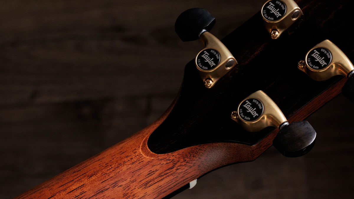Đàn guitar acoustic điện Taylor Gold Label 917e mặt Teardrop Sunburst – mặt sau đầu đàn và bộ khóa lên dây