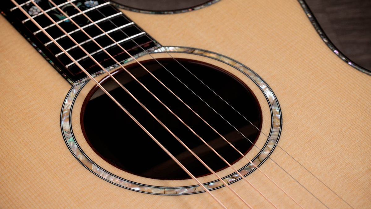 Đàn guitar acoustic điện Taylor Legacy 914ce – cận lỗ thoát âm và ngựa đàn