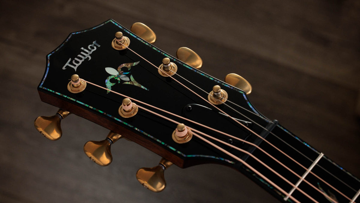 Đàn guitar acoustic điện Taylor PS14ce Ironbark/Sinker Redwood – cận đầu đàn và logo Taylor