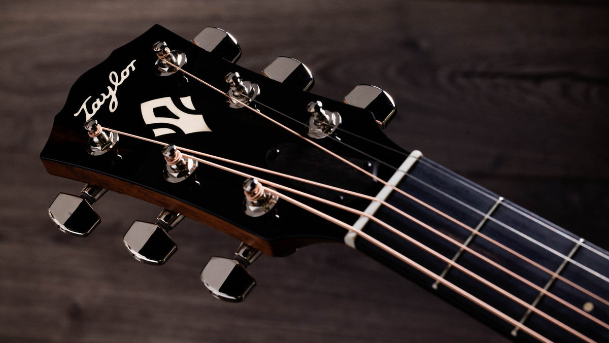 Đàn guitar acoustic điện Taylor Trey Hensley Gold Label 510e màu Antique Blond – cận đầu đàn và logo Taylor