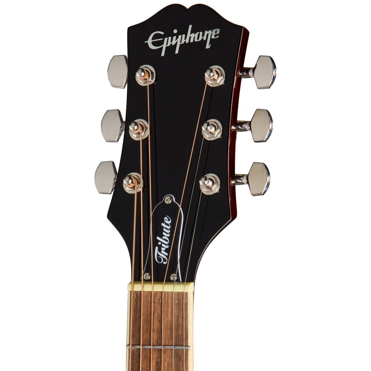 Đàn guitar acoustic Epiphone Hummingbird Tribute màu Antique Natural – cận đầu đàn và logo Epiphone