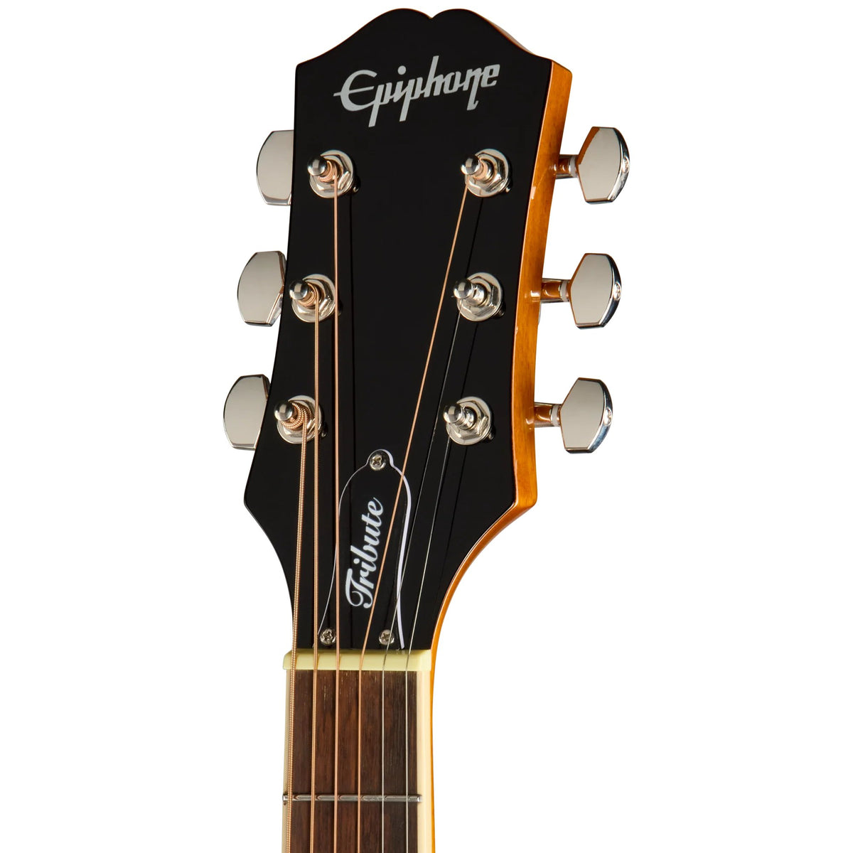Đàn guitar acoustic Epiphone Hummingbird Tribute màu Heritage Cherry Sunburst – cận đầu đàn và logo Epiphone