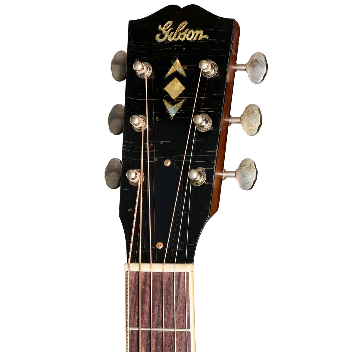 Đàn guitar acoustic Gibson 1936 Advanced Jumbo Reissue màu Heavy Aged Vintage Sunburst – cận đầu đàn và logo Gibson