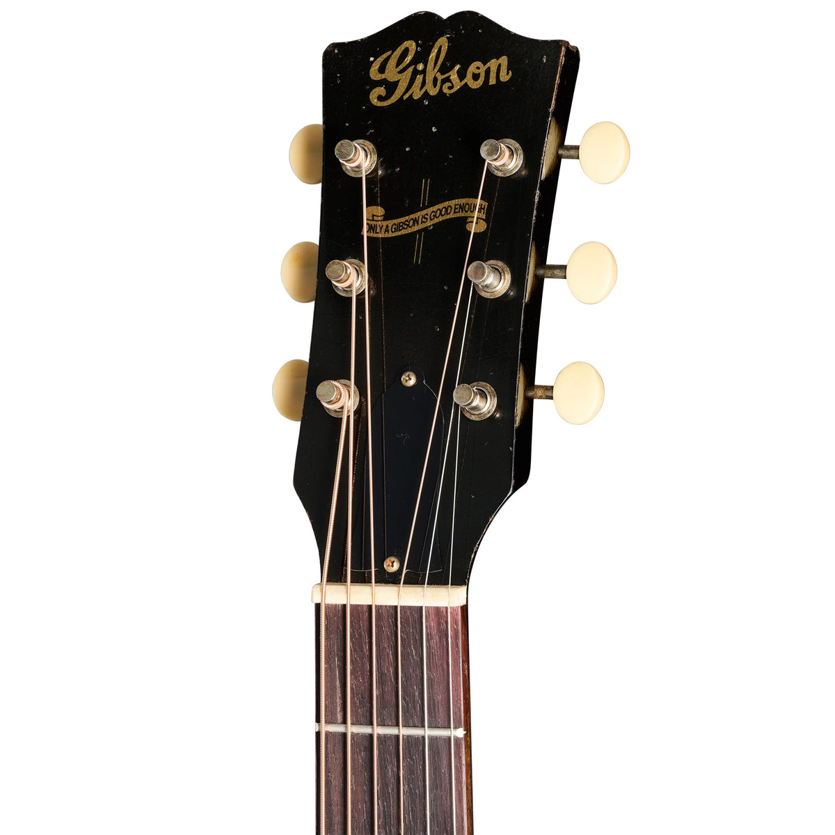 Đàn guitar acoustic Gibson 1942 Banner J-45 Reissue màu Heavy Aged Vintage Sunburst – cận đầu đàn và logo Gibson