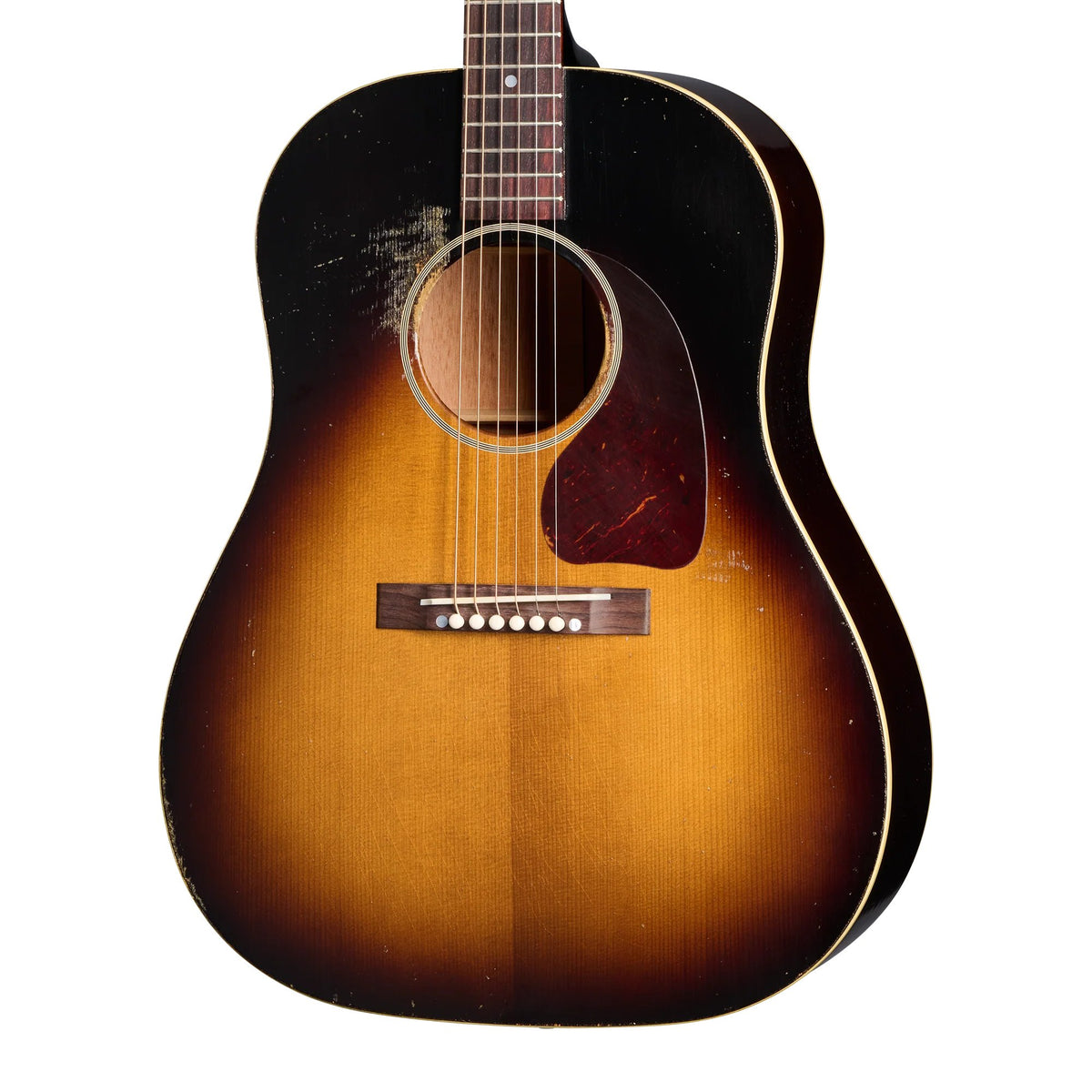 Đàn guitar acoustic Gibson 1942 Banner J-45 Reissue màu Heavy Aged Vintage Sunburst – thùng đàn chụp nghiêng