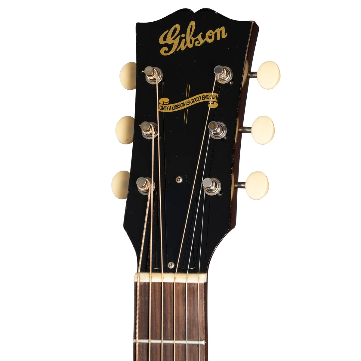 Đàn guitar acoustic Gibson 1942 Banner J-45 Reissue màu Light Aged Vintage Sunburst – cận đầu đàn và logo Gibson